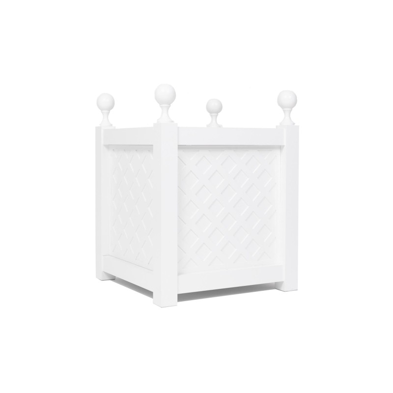 Aluminiowa_donica_ogrodowa_z kratką_kulki_ozdobne_alpejska_biel_Decofero